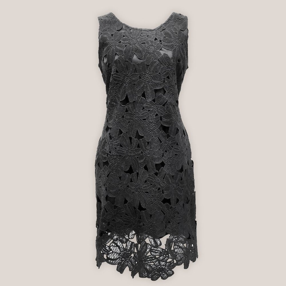 JAPNA Black Crochet Flower Dress | Lined Floral Lace Dress | Large